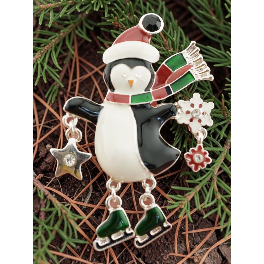 Penguin Brooch 2.5" Silver Tone Multi Color Enamel Holiday Skating Dangle Pin